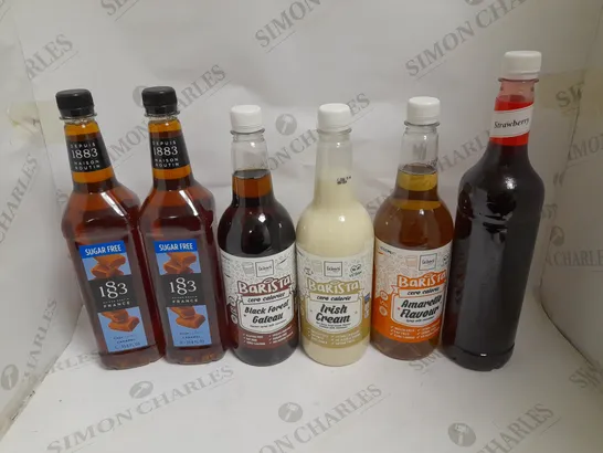 BOX OF 6 ASSORTED FLAVOURED COFFEE SHOT SYRUPS TO CONTAIN SKINNY IRISH CREAM, STRAWBERRY, MAISON ROUTIN CARAMEL ETC