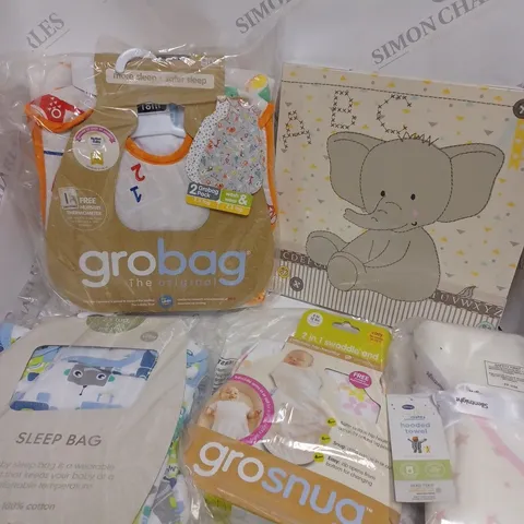 APPROXIMATELY 10 ASSORTED NEW-BORN/BABY PRODUCTS TO INCLUDE HOODED TOWEL, GROBAG, SLEEP BAG ETC	