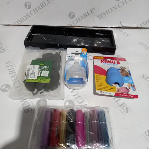 BOX OF ITEMS APPROXIMATELY 15 TO INCLUDE FISHING TACKLE, PUPPY TEETHING TOY, PERFUME ATOMIZER BOTTLE