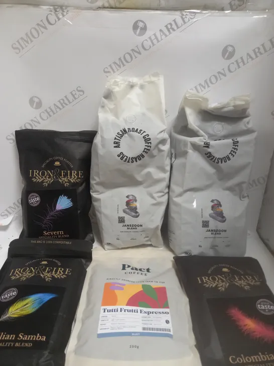 APPROXIMATELY 6 ASSORTED COFFEE PRODUCTS TO INCLUDE ARTISAN ROAST COFFEE ROASTERS, IRON & FIRE, PACT ETC 