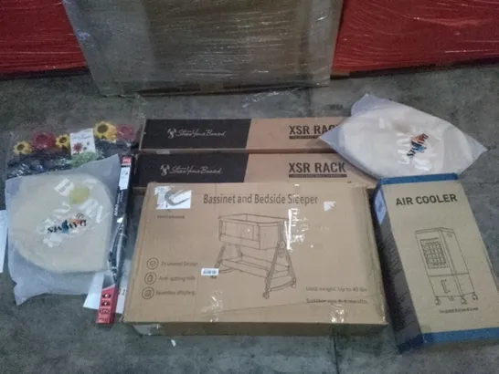 UNPROCESSED PALLET OF ASSORTED HOUSEHOLD GOODS TO INCLUDE XSR RACK, AIR COOLER, AND BASSINET AND BEDSIDE SLEEPER