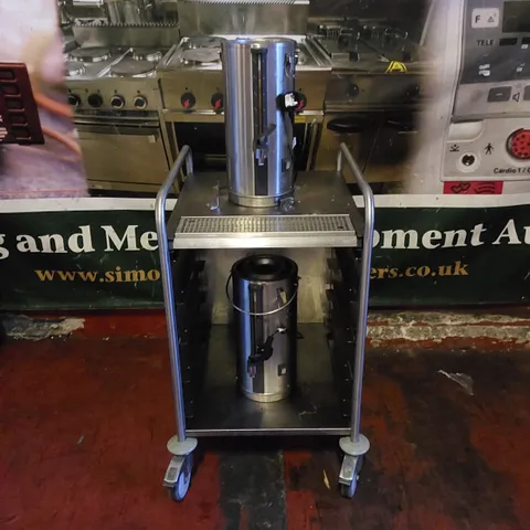COMMERCIAL STAINLESS STEEL CATERING TROLLEY WITH 2 X HOT WATER BOILER DISPENSERS