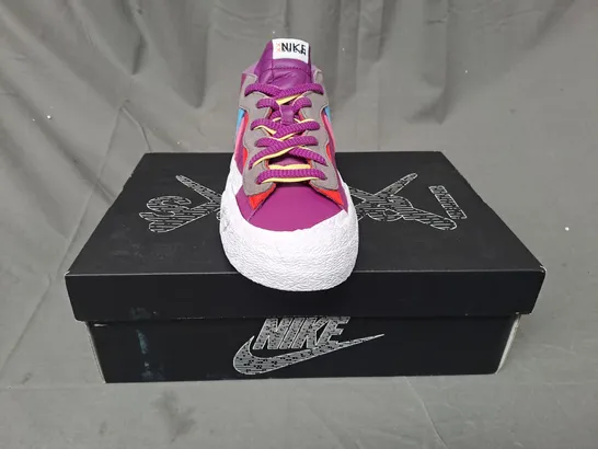 BOXED PAIR OF NIKE BLAZER LOW/SACAI/KAWS SHOES IN PURPLE/BLUE/PINK/WHITE UK SIZE 10