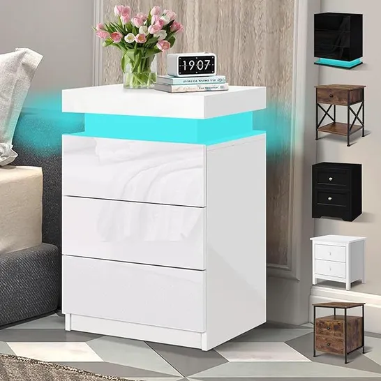 ELFORDSON  ELFORDSON BEDSIDE TABLE RGB LED NIGHTSTAND 3 DRAWERS 4 SIDE HIGH GLOSS WHITE (1 BOX)