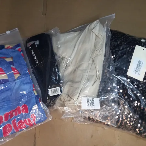 BOX OF APPROXIMATELY 10 ASSORTED CLOTHING AND FASHION ITEMS OF VARIOUS COLOURS AND STYLES TO INCLUDE UNDERCOVER, GLAMAZON, ETC