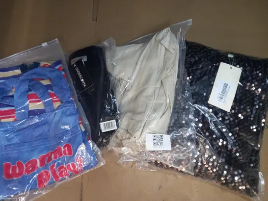 BOX OF APPROXIMATELY 10 ASSORTED CLOTHING AND FASHION ITEMS OF VARIOUS COLOURS AND STYLES TO INCLUDE UNDERCOVER, GLAMAZON, ETC