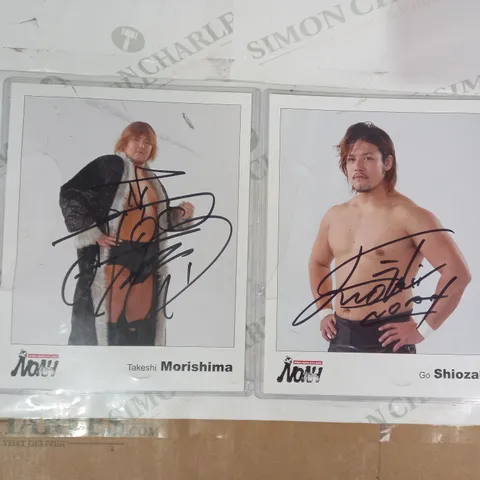 LOT OF 2 SIGNED JAPANESE PRO WRESTLING LAMINATED PHOTOS - TAKESHI MORISHIMA, GO SHIOZAKI