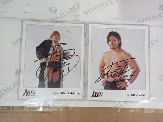 LOT OF 2 SIGNED JAPANESE PRO WRESTLING LAMINATED PHOTOS - TAKESHI MORISHIMA, GO SHIOZAKI