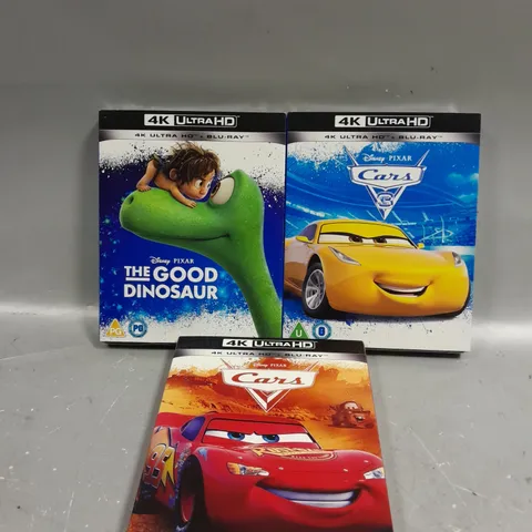 3 X ASSORTED SEALED DISNEY 4K ULTRA HD BLU-RAYS TO INCLUDE THE GOOD DINOSAUR, CARS 3 & CARS