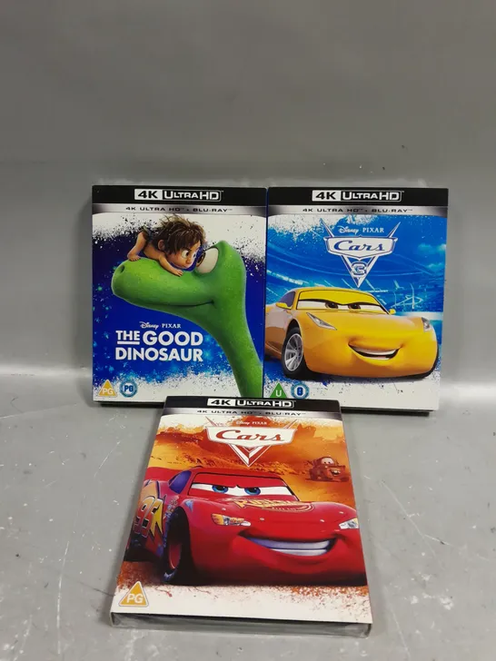 3 X ASSORTED SEALED DISNEY 4K ULTRA HD BLU-RAYS TO INCLUDE THE GOOD DINOSAUR, CARS 3 & CARS