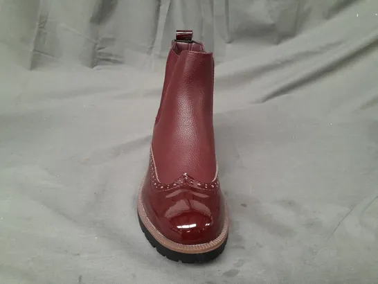 BOXED PAIR OF DESIGNER ANKLE BOOTS IN WINE RED EU SIZE 36