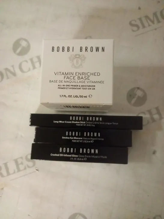 BOBBI BROWN 4PC COLLECTION TO INCLUDE VITAMIN ENRICHED FACE BASE, LONG-WEAR CREAM SHADOW STICK, SMOKEY EYE MASCARA AND CRUSHED OIL-INFUSED GLOSS