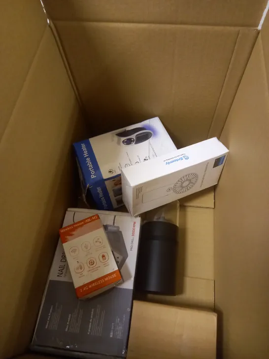 BOX OF APPROXIMATELY 5 ASSORTED ITEMS TO INCLUDE NAIL DRILL SET, COFFEE GRINDER, MHANDHLED FAN ETC