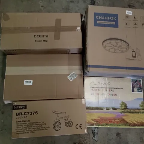 PALLET OF ASSORTED ITEMS INCLUDING DCENTA STEAM MOP, PAINTING BY NUMBERS SET, CHANFOK CEILING FAN, BESREY KIDS TRICYCLE, PICTURE FRAMES, CHRISTMAS TREE 