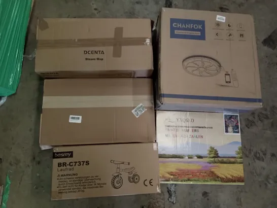 PALLET OF ASSORTED ITEMS INCLUDING DCENTA STEAM MOP, PAINTING BY NUMBERS SET, CHANFOK CEILING FAN, BESREY KIDS TRICYCLE, PICTURE FRAMES, CHRISTMAS TREE 