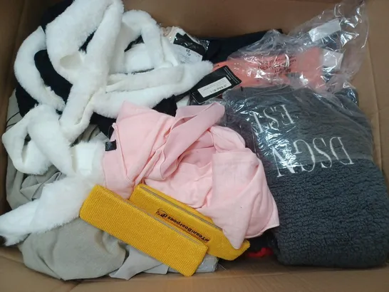 BOX OF APPROX. 50 ASSORTED CLOTHING VARYING IN SIZE/COLOUR/STYLE TO INCLUDE:  TOPS, TROUSERS, JUMPERS