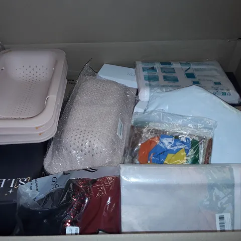 PALLET OF ASSORTED HOUSEHOLD ITEMS TO INCLUDE LENOVO A.C. ADAPTER, SINK TRAYS AND BOXED NECK PILLOW