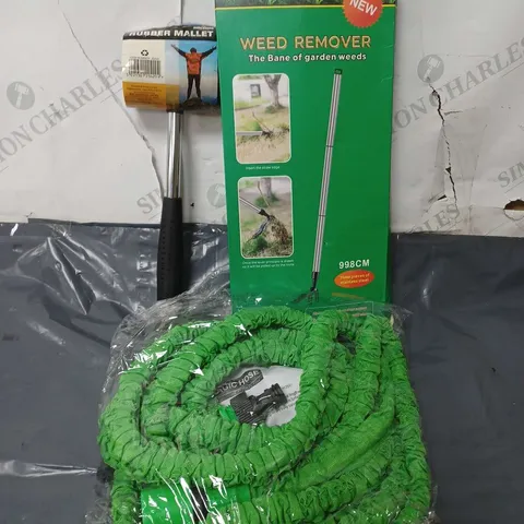 APPROXIMATELY 20 ASSORTED HOUSEHOLD ITEMS TO INCLUDE WEED REMOVER, RUBBER MALLET, MAGIC HOSE, ETC - COLLECTION ONLY