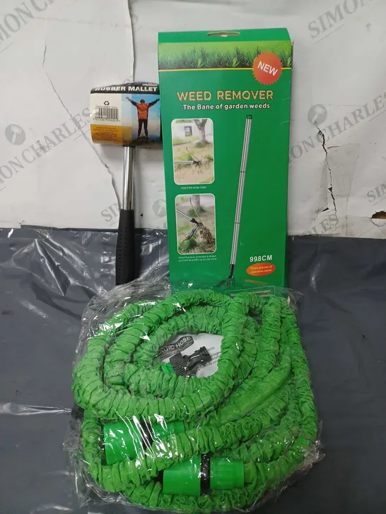 APPROXIMATELY 20 ASSORTED HOUSEHOLD ITEMS TO INCLUDE WEED REMOVER, RUBBER MALLET, MAGIC HOSE, ETC - COLLECTION ONLY