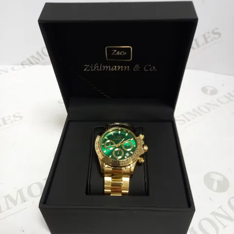 MENS ZIHLMANN & CO Z400 WATCH – CHRONOGRAPH MOVEMENT – GOLD COLOUR STAINLESS STEEL STRAP – GREEN DIAL – 3ATM WATER RESISTANT 