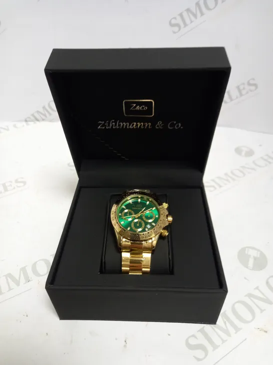 MENS ZIHLMANN & CO Z400 WATCH – CHRONOGRAPH MOVEMENT – GOLD COLOUR STAINLESS STEEL STRAP – GREEN DIAL – 3ATM WATER RESISTANT 