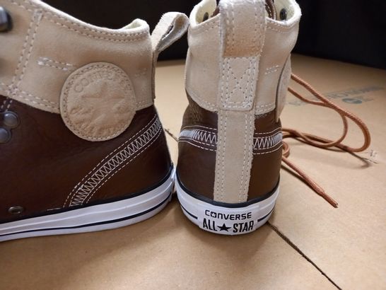 PAIR OF CONVERSE ALL STARS STYLE HIGH TOP BROWN LEATHER LOOK TRAINERS - UK 9