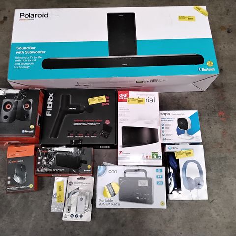 BOX OF ASSORTED ELECTRONIC ITEMS TO INCLUDE POLAROID SOUND BAR WITH SUBORDER, BLACKWEB GAMING SPEAKERS, FITRX MASSAGE GUN, ONN PORTABLE AM/FM RADIO, TAPO HOME SECURITY WI-FI CAMERA, ETC