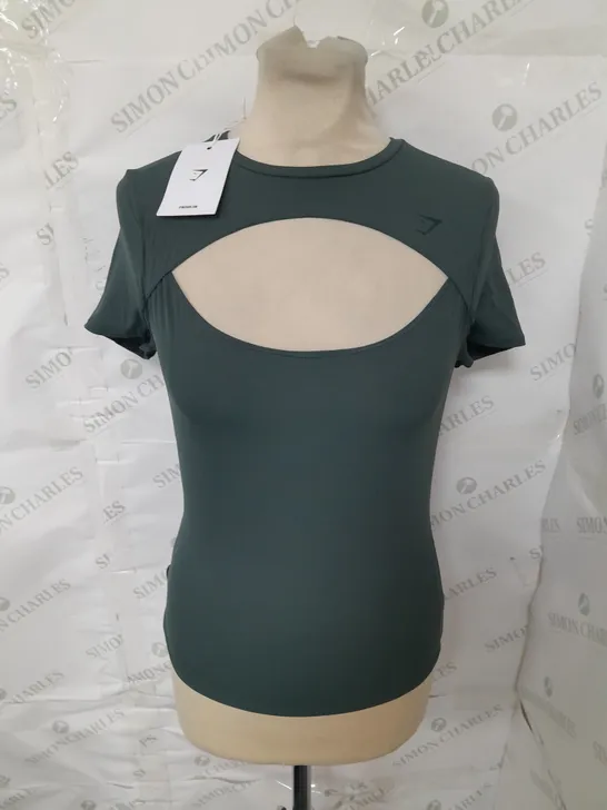 GYMSHARK ELEVATE SHORT SLEEVE TOP IN FOG GREEN - S