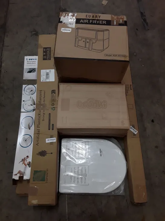 PALLET OF ASSORTED PRODUCTS INCLUDING AIR FRYER, TRUNKI KIDS SUITCASE, CHAIR MAT , TOILET SEAT, RETRACTABLE SAFETY GATE, ARTIFICIAL PLANT