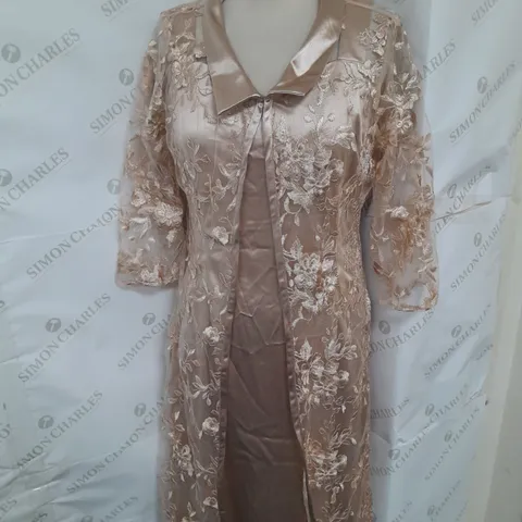 UNBRANDED 2-PIECE DRESS AND OVERLAY SET IN FLORAL BEIGE SATIN SIZE L