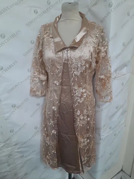 UNBRANDED 2-PIECE DRESS AND OVERLAY SET IN FLORAL BEIGE SATIN SIZE L