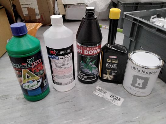 TOTE OF ASSORTED ITEMS INCLUDING DUTCHPRO BLOOM BASE FEED, ALGAE AND MOULD REMOVER, HYDROPONIC PH DOWN, G FORMULA GOLD, LITTLE KNIGHTS EMULSION MATT