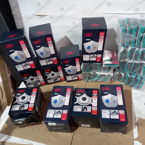 BOX OF APPROXIMATELY 16 ASSORTED BRAND NEW HEALTH AND SAFETY ITEMS TO INCLUDE JSP F632 FFP3 MASKS, ANSELL ALPHATEC 58-530W GLOVES, JSP 500 SERIES MASKS ETC