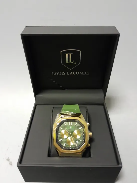 BOXED LOUIS LACOMBE CHRONOGRAPH WATCH WITH GREEN RUBBER STRAP