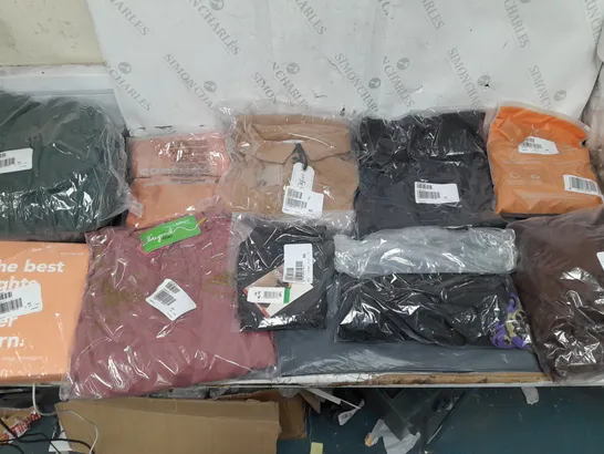 BOX OF APPROXIMATELY 10 ASSORTED BAGGED PIECES OF CLOTHING IN VARIOUS STYLES, SIZES, AND BRANDS 