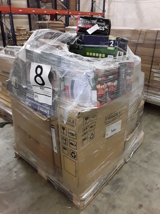 PALLET OF ASSORTED ELECTRONICS INCLUDING 2000W FAN HEATER, 20V CORDLESS HEDGE TRIMMERS, 1.7L CORDLESS KETTLE, DESK LAMP, AIR FRYER