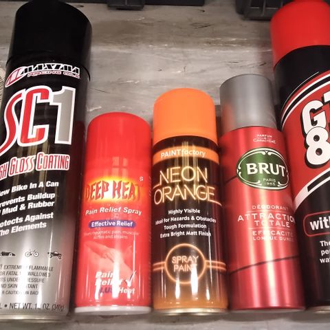 4 TOTES OF ASSORTED AEROSOL CANS INCLUDING SC1 HIGH GLOSS COATING DEEP HEAT PAIN RELIEF SPRAY, NEON ORANGE PAINT SPRAY, BRUT DEODORANT, GT85 LUBRICANT PENETRANT AND WATER DISPLACER