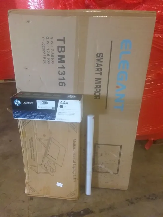 PALLET OF ASSORTED ITEMS INCLUDING SMART MIRROR, LAPTOP DESK, HP LASER JET PRINT CARTRIDGE, CHRISTMAS WINDOW DECORATION 