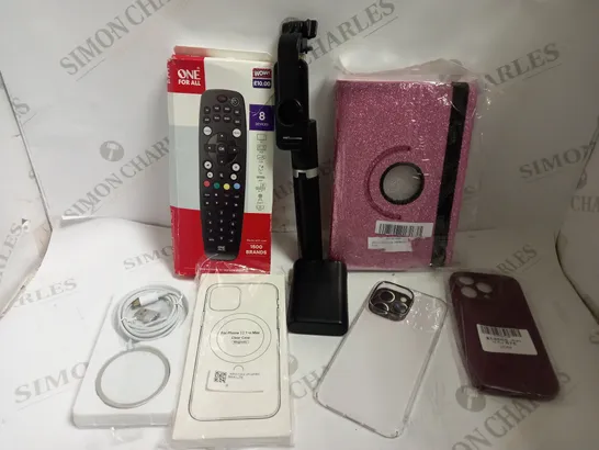 BOX OF APPROX 10 ITEMS INCLUDING ONE FOR ALL UNIVERSAL REMOTE, ASSORTED PHONE CASES AND TABLET CASE