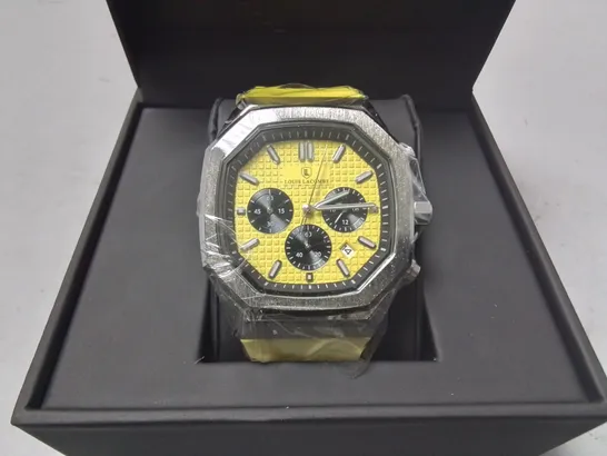 LOUIS LACOMBE GENTS YELLOW FACE STAINLESS STEEL CHRONOGRAPH WATCH WITH YELLOW RUBBER STRAP IN GIFT BOX