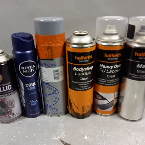 APPROXIMATELY 10 ASSORTED AEROSOLS TO INCLUDE BODYSHOP LACQUER, METALLIC SPRAY PAINT, NIVEA DEODORANT ETC - COLLECTION ONLY  