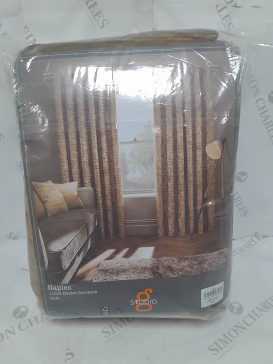 STUDIO G NAPLES VELVET LINED EYELET CURTAINS IN GOLD 228CM X 228CM  RRP £229.99