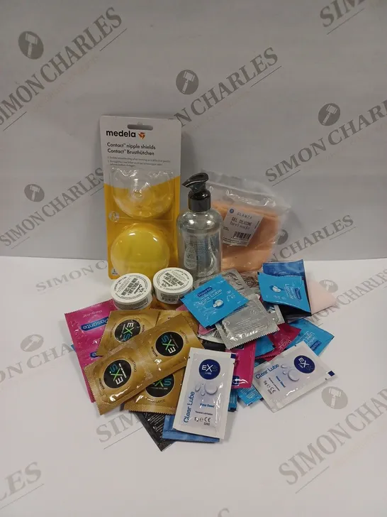 APPROXIMATELY 20 ASSORTED PRODUCTS TO INCLUDE MEDELA NIPPLE SHIELDS, GEL SILICONE HEELS, ENJOY LOVE HONEY WATER-BASED LUBRICANT, CONDOMS ETC. 