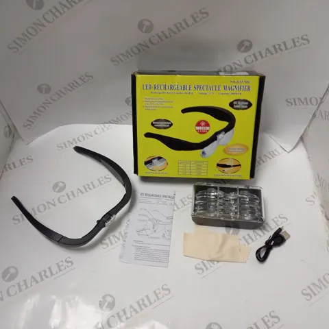 BOXED RECHARGABLE SPECTACLE MAGNIFIER WITH ACCESSORIES, USB CABLE AND INSTRUCTIONS