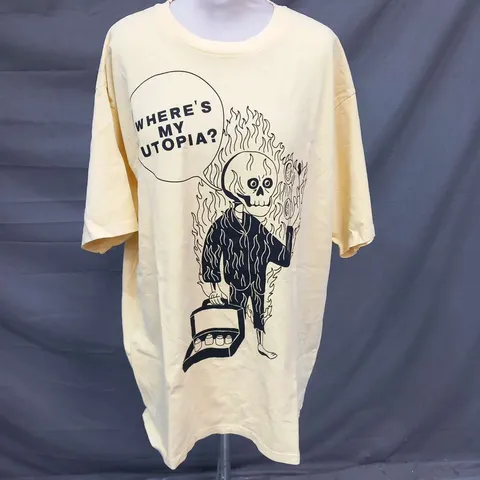 YARD ACT 'WHERE'S MY UTOPIA?' SPEECH BUBBLE BURNING MAN T-SHIRT YELLOW SIZE XXL