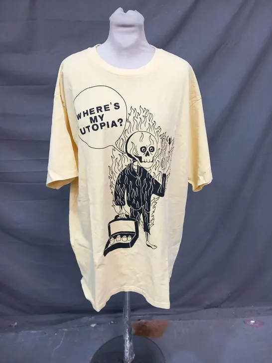 YARD ACT 'WHERE'S MY UTOPIA?' SPEECH BUBBLE BURNING MAN T-SHIRT YELLOW SIZE XL