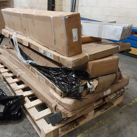 PALLET OF ASSORTED BATHROOM FURNITURE/FITTINGS PARTS INCLUDING; AQUILA SLIDING DOOR PANEL, AQUALINE SHOWER CABIN PANEL, TAYLOR & MOORE SHOWER PANEL ECT