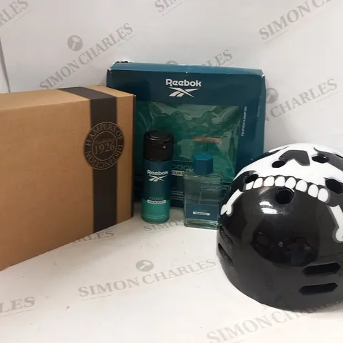 APPROXIMATELY 8 ASSORTED PRODUCTS  TO INCLUDE; HAMPERS OF DISTINCTION AFTERNOON TES, REEBOK GIFT SET, LIVERPOOL FC FOOTBALL AND SKULL AND CROSS BONES BIKE HELMET