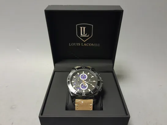 MENS LOUIS LACOMBE CHRONGRAPH WATCH – 3 SUB DIALS – BLACK CASE – LEATHER STRAP