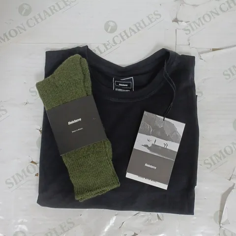 FINISSTERRE 2 PACK EDDY BASELAYER TSHIRT IN BLACK SIZE M AND RIBBED SOCK IN KHAKI SIZE 7-8